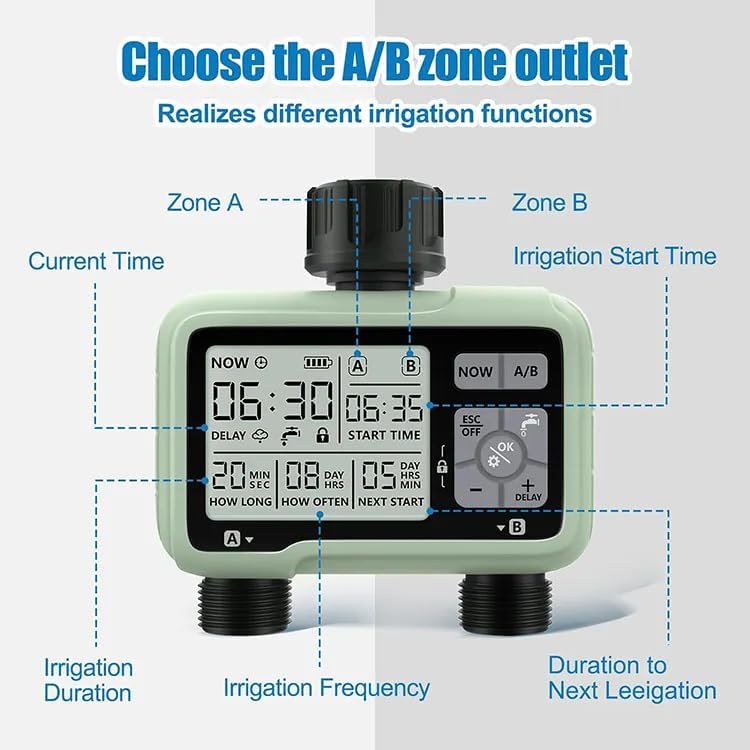 LABART Digital Water Timer 2 Zone for Garden Farming Plants Hose Faucet Outlet Programmable Home Irrigation Taps System Controller Flow with Child Lock Mode Auto & Manual Off Rain Delay - Image 4