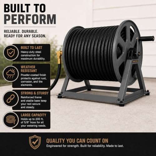 Dual Floor and Wall Mounted Garden Hose Reel, Holds 200ft of Water Hose, Heavy Duty Metal Hose Reel, Space Saving Hose Reel Organizer for Yard, Garage & Shed (Graphite) - Image 5