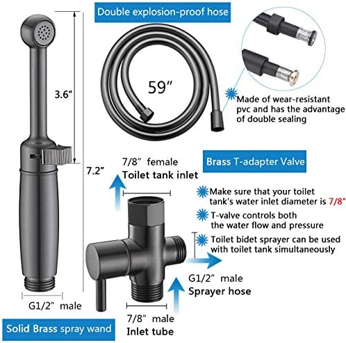 SonTiy Handheld Bidet Toilet Sprayer Gunmetal, Cloth Diaper Sprayer Bathroom Hand Held Jet Spray Bidet Attachment for Toilet with Adjustable Pressure Control, Solid Brass, 7.2" Bidet Wand - Image 4
