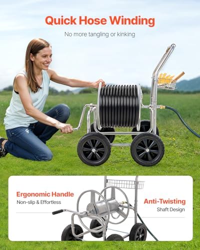VEVOR Hose Reel Cart, Hold Up to 250 ft of 5/8’’ Hose, Garden Water Hose Carts Mobile Tools with 4 Wheels, Heavy Duty Powder-Coated Steel Outdoor Planting with Storage Basket, for Garden, Yard, Lawn - Image 6