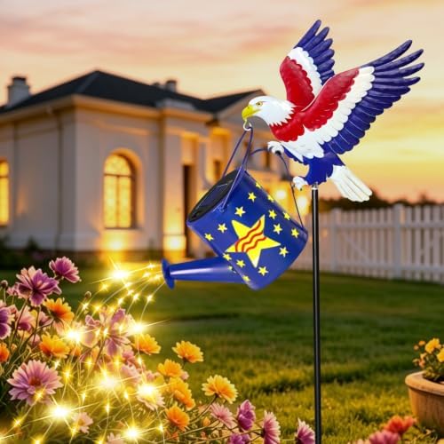 NBQQ Solar Watering Can Light Blue Metal Patriotic Eagle 4th of July Decor by yeuago
