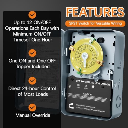 T101 Mechanical Timer Switch,120V 40A SPST,2HP for Outdoor Light Timer, Water Heater, HVAC & Pool Pump – 12 ON/Off Cycles, Switch T101 for Light Lighting Water Heater Fan and HVAC Systems - Image 4