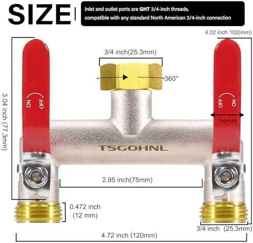 2 Way Hose Splitter, 3/4" GHT Brass Garden Hose Splitter (Red) - Image 2