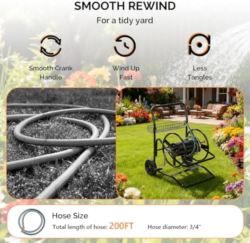 VINGLI 2-Wheel Garden Hose Reel Cart, Freestanding Water Hose Reel for Outside with Heavy Duty Portable Rolling Design Metal, 200FT Capacity for 3/4" Hose for Outdoor Use (Black) - Image 5