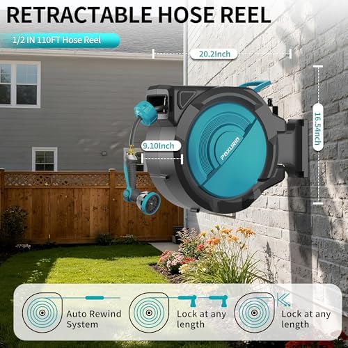 1/2" 110FT Retractable Garden Hose Reel, Wall Mounted Automatic Hose Reel with Upgraded 10 Pattern Nozzle/Any Length Lock/Slow Return System/180°Swivel Bracket, AquaBlue - Image 2
