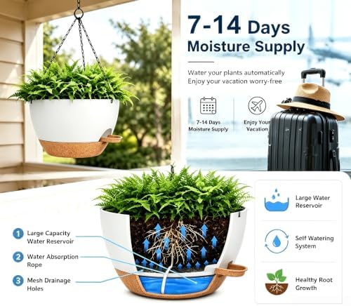 12" Self Watering Hanging Planters with Chains, White Brown, 2 Pack - Image 2