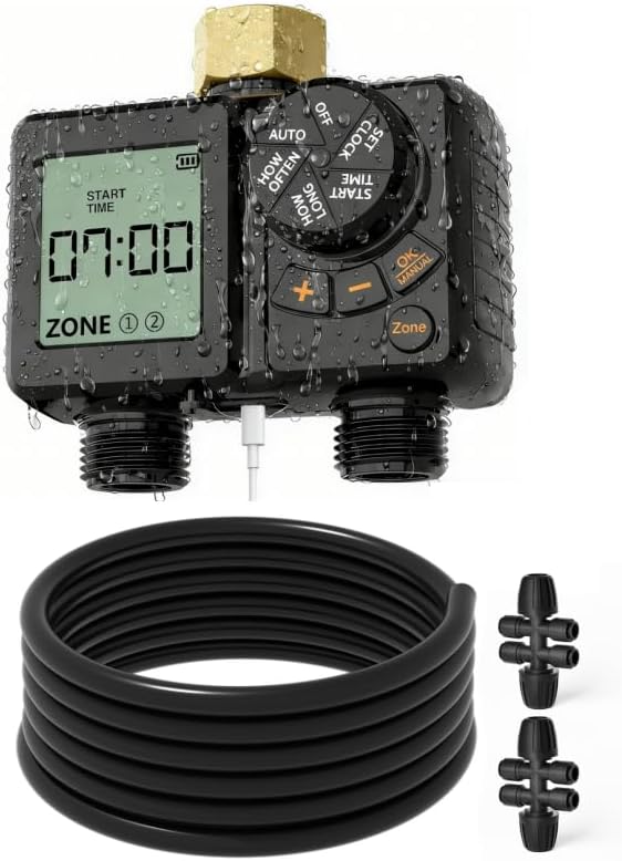 MIXC 25FT 1/2Inch Drip Irrigation Tubing Kit + MIXC Rechargeable 2-Zone Water Timer by MIXC
