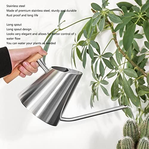 Watering Can, Stainless Steel Strong rustproof Watering can Indoor, Long spout Practical Plant Watering can with Wooden Handle, for Garden[Silvery] - Image 2