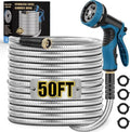 Metal Garden Hose 50FT, Stainless Steel Water Hose with 10 Function Nozzle, Solid Brass Fittings, Lightweight, Kink-Free & Dog Chew Proof for Lawn, Yard, RV, Car Wash, 550PSI by Tocebe