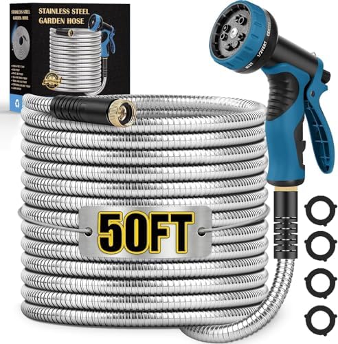 Metal Garden Hose 50FT, Stainless Steel Water Hose with 10 Function Nozzle, Solid Brass Fittings, Lightweight, Kink-Free & Dog Chew Proof for Lawn, Yard, RV, Car Wash, 550PSI by Tocebe