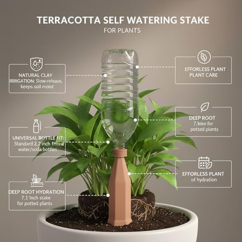 Terracotta Plant Spike, Natural Clay Irrigation Stake for Standard Bottles, 7.1 Inch Slow Release Dripper for Indoor Pots & Hanging Baskets (1 Pack) - Image 5