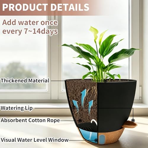 12"/10"/9"/8" Self Watering Pots with Visual Water Window,Extra Large Self Watering Plant Pots with Drainage Holes & Saucers,Black Planters for Indoor Plants,4-Pack - Image 3