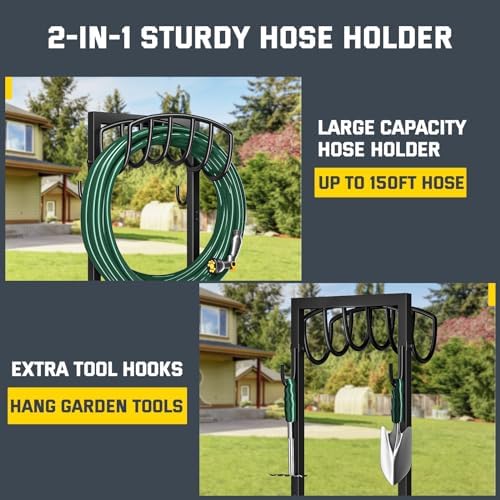 Kesfitt Garden Hose Holder Stand with 4 Spikes & 2 Tool Hooks, Detachable Heavy Duty Metal Freestanding Hose Reel Outdoor Organizer for Lawn Yard Water Storage Rack - Image 2
