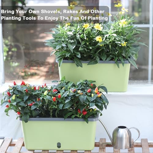 Oliz Window Box Planter 4 Packs, 14 Inches Rectangle Flower Pots with Breathable Drainage Holes, Pots for Vegetables, Herbs, Flowers, Garden Windowsill Balcony (Green & Grey) - Image 3