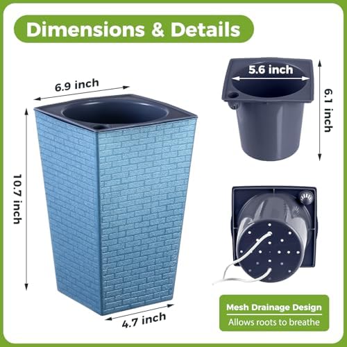 Self Watering Pots for Indoor Plants, 2 Pack Flower Pots Self Watering Planter 10.7" x 6.9" Plastic Pots African Violet Wick and Grow Pots Tall Orchid pots Square Large Plant Pots, Blue - Image 3
