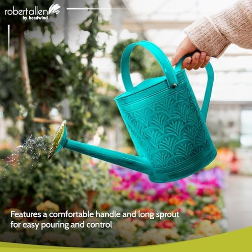 Headwind Aurora 2 Gallon Metal Watering Can, Large Watering Can Outdoor for Garden Plants, Brass Rose Shower Head, Vintage Embossed Galvanized Steel – Surf Blue - Image 6