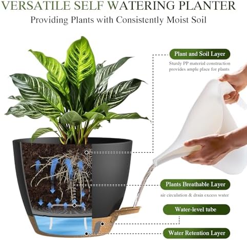 Plant Pots, 4 Pack 12/10/9/8 Inch Self Watering Pots with Drainage Holes, Water Level Indicator Deep Reservoir, Large Planters for Indoor Outdoor Plants - Black Brown - Image 4