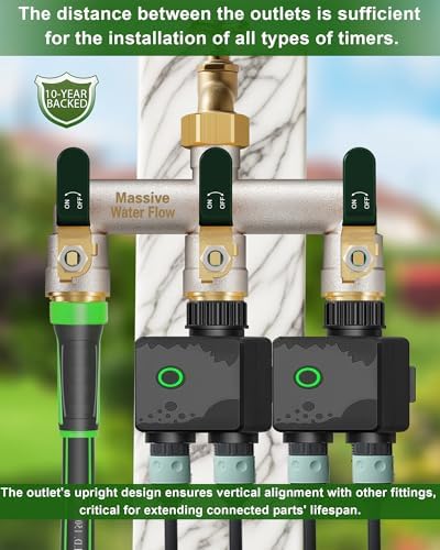 Garden Hose Splitter 3 Way Heavy Duty Brass Nickel Plated Hose Splitter with Large Handle, Full Flow Water Hose Spigot Splitter with Shutoff Valve, T Adapter Connector, 3/4 - Inch GHT Thread（Green） - Image 6