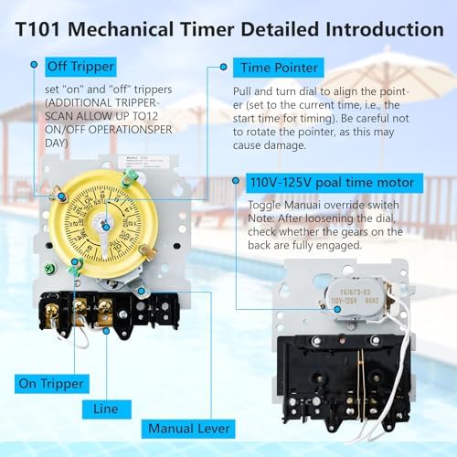 T101 Mechanical Timer Switch,120V AC SPST 40A,60Hz, Pool Pump Switch,Heavy Duty Pool Timers Outdoor,Timer for Lights HVAC Systems,24 Hour 12 ON/Off for Pump, 3 Years Warranty - Image 3