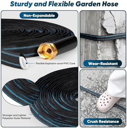 Garden Hose 100ft, Non-Expanding Water Hose, 8 Function Nozzle, Flexible Ultra-Light, Anti-Kink, Wear-Resistant, Portable, Easy Storage, Hose with 3/4 for Outdoor, Garden, Yard, Black Lake Blue - Image 2