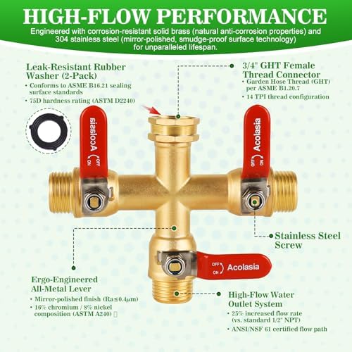 Hose Splitter 3 Way Heavy Duty Brass Garden Hose Splitter with 304 Stainless Steel Long Handle Outdoor Full Flow Hose Splitter Connector, 3/4" GHT Thread - Image 5