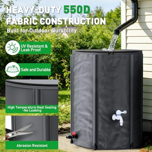 Yesker Collapsible Rain Barrel, 100 Gallon Portable Rainwater Collection System, 550D PVC Water Storage Tank, Rain Catcher with Spigots Filter Overflow Kit, Grey - Image 2