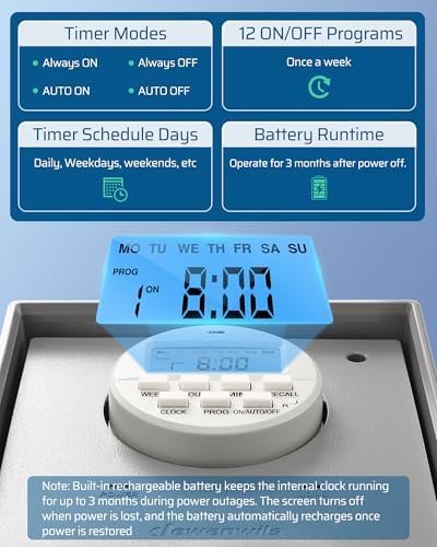 DEWENWILS Pool Pump Timer, Digital Timer Box, 2HP 40A 120-277 VAC, 7-Day 20 ON/Off Programmable Timer Switch for Water Heater, Pool Pump, SPA, Motor, ETL Listed Gray - Image 3