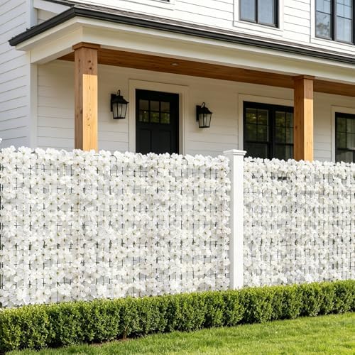 120x40in Privacy Screen for Fence Hydrangea Artificial Ivy Privacy Fence Panels Hedges Floral Wall Backdrop for Balcony Patio Garden Yard Pool Outdoor Decor (White) - Image 2