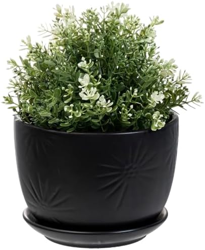 MyGift 7 Inch Black Ceramic Sunburst Planter Pot with Attached Saucer by MyGiftHome