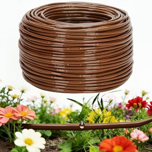 1/4" Drip Irrigation Tubing with 6" Emitter Spacing, (500 Ft Roll) Hydroponics Dripline with Built-in 0.5 GPH Dripper, Drip Line for Vegetation, Window Boxes and Garden (Brown) by Vikua
