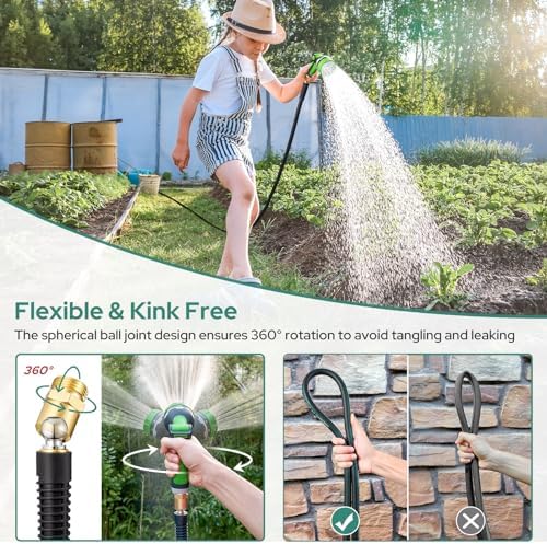 HOMEIDEAS 25 ft Rubber Garden Hose with Nozzle - Newly Leak-proof & Kink-free Design | Freely Rotational Spherical Ball Joint, Anticorrosive 3/4" Brass Fittings - Perfect for Outdoor Watering - Image 3