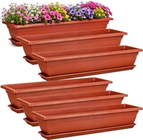 6 Pcs 31 inch Window Box Planter, Large Rectangular Plastic Flower Pot with Tray, Suitable for Indoor & Outdoor Gardens, Balcony and Home Decor (6) by Tcevily