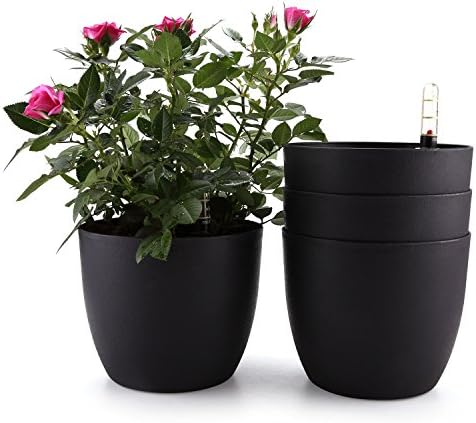 T4U 7 Inch Plastic Self Watering Planter with Water Level Indicator Black Set of 4, Modern Decorative Planter Pot for All House Plants, Flowers, Herbs, African Violets, Succulents by T4U
