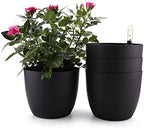 T4U 7 Inch Plastic Self Watering Planter with Water Level Indicator Black Set of 4, Modern Decorative Planter Pot for All House Plants, Flowers, Herbs, African Violets, Succulents by T4U