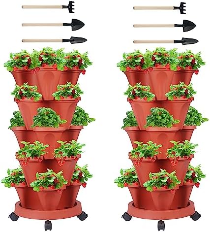 GameXcel Vertical Planter Tower - 5 Tier Stackable Garden Planters with Wheels and Tools Plant Pots for Strawberry Herb Flower and Vegetable Indoor Outdoor Use Red 2 Pack by GameXcel