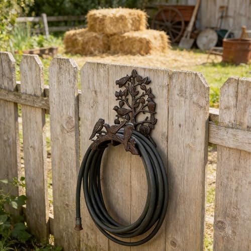 Rustic Rust Brown Cast Iron Garden Hose Holder, Wall-Mounted Bird & Tree Design, Durable Outdoor Hose Storage for Garden, Yard, Fence - Vintage Style Decor (9.3" Height) HC1418 - Image 4