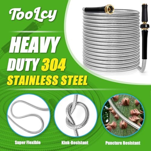 TOOLCY 25 FT Metal Water Hose Stainless Steel Garden Hose with Brass Nozzle - Heavy Duty, No Kink, All Weather, Super Flexible Garden Hoses for Outdoor, Lawn - Image 2