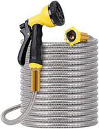 Metal Garden Hose 50FT - Stainless Steel Heavy Duty Water Hose with Metal Nozzle & 8 Function Sprayer, Portable & Lightweight Kink Free Yard Hose, Outdoor Hose by FOXEASE