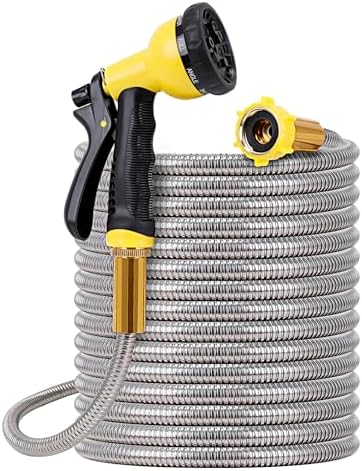 Metal Garden Hose 50FT - Stainless Steel Heavy Duty Water Hose with Metal Nozzle & 8 Function Sprayer, Portable & Lightweight Kink Free Yard Hose, Outdoor Hose by FOXEASE