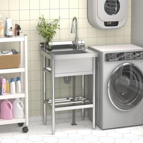 24"x20"x42" Stainless Steel Utility Sink, Freestanding Single Bowl with Hot & Cold Water Faucet, Commercial Kitchen Laundry Bathroom Garage Garden Sink - Image 5