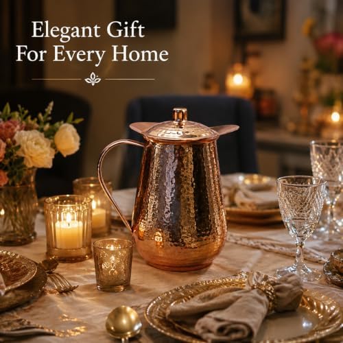 99.9% Pure Copper Water Pitcher with Lid, 70 Fl Oz (2L), Hammered Copper Jug with Ergonomic Copper Handle, No Inner Lining or Lacquer, Anti-Slip Base, for Home, Dining & Gifting - Image 2