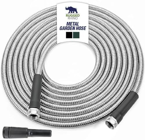 RUGGED RHINO Metal Garden Hose with Spray Nozzle, 50FT, 304 Stainless Steel, 750 PSI Burst Strength, Heavy Duty Flexible Water Hose, Kink Resistant, Leakproof for Yard, Lawn and Outdoor Use, Silver by RUGGEDRHINO