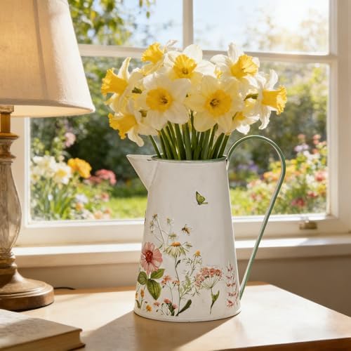 Vintage Metal Jug Vase Rustic Farmhouse Floral Pitcher with Flower, Butterfly & Bee Print Farmhouse Decorative Flower Vase for Home Table Centerpieces Decor (White) - Image 5