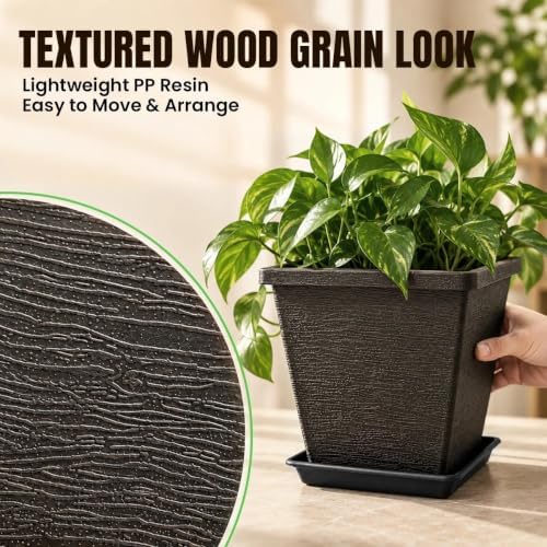 Usocik 10 Inch Square Planter Pots with Saucers, Coffee Brown, 2 Pack - Image 5