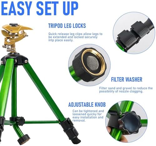 Hourleey 2 Pack Impact Sprinkler on Tripod, Rotating Water Sprinklers for Yard Lawn and Garden, Heavy Duty 360 Degree Irrigation Sprinkler with Zinc Head and 3/4" Connector for Outdoor - Image 4