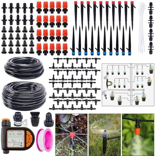 Automatic Drip Irrigation System Kit - 226FT with LCD Timer, 3 Sprayer Types Automatic Garden Watering System, 1/2 Inch Hose 1/4 Inch Distribution Tubing Garden Watering Solution for Outdoor Plants by UNMOONY