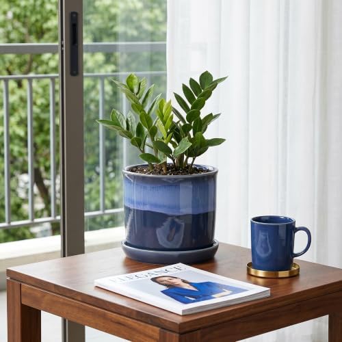 5.8 Inch Plant Pot: Ceramic Planter with Drainage Hole & Saucer - Flowerpot for Indoor & Outdoor Plants with Separate Tray for Home & Office - Blue - Image 3