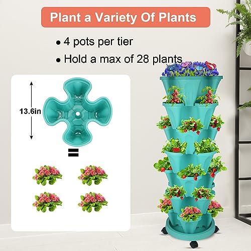 GameXcel Vertical Planter Tower - 7 Tier Stackable Garden Planters with Wheels and Garden Tool Set Plant Pots for Strawberry Herb Flower and Vegetable Indoor Outdoor Use Teal - Image 7