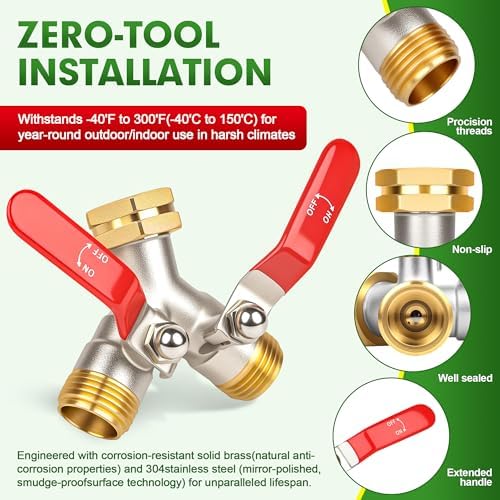 Hose Splitter 2 Way, High Flow Garden Hose Splitter, 3/4” Ght Inlet Brass Heavy Duty Hose Converter, Full Flow water 2 Way Faucet hose splitter, Long Handle Hose Valve Large Outlet. - Image 4