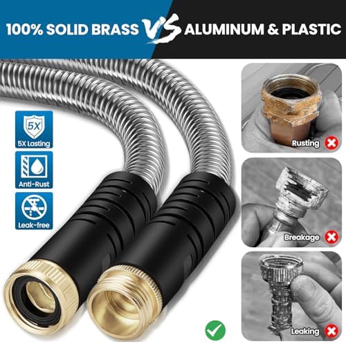 Metal Garden Hose 50FT, Stainless Steel Water Hose with 10 Function Nozzle, Solid Brass Fittings, Lightweight, Kink-Free & Dog Chew Proof for Lawn, Yard, RV, Car Wash, 550PSI - Image 5